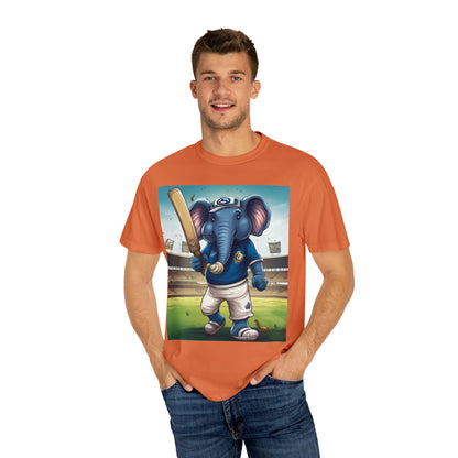 India Elephant Cricket Sport Star: Pitch, Run, Stump Game - Animated Charm - Unisex Garment-Dyed T-shirt