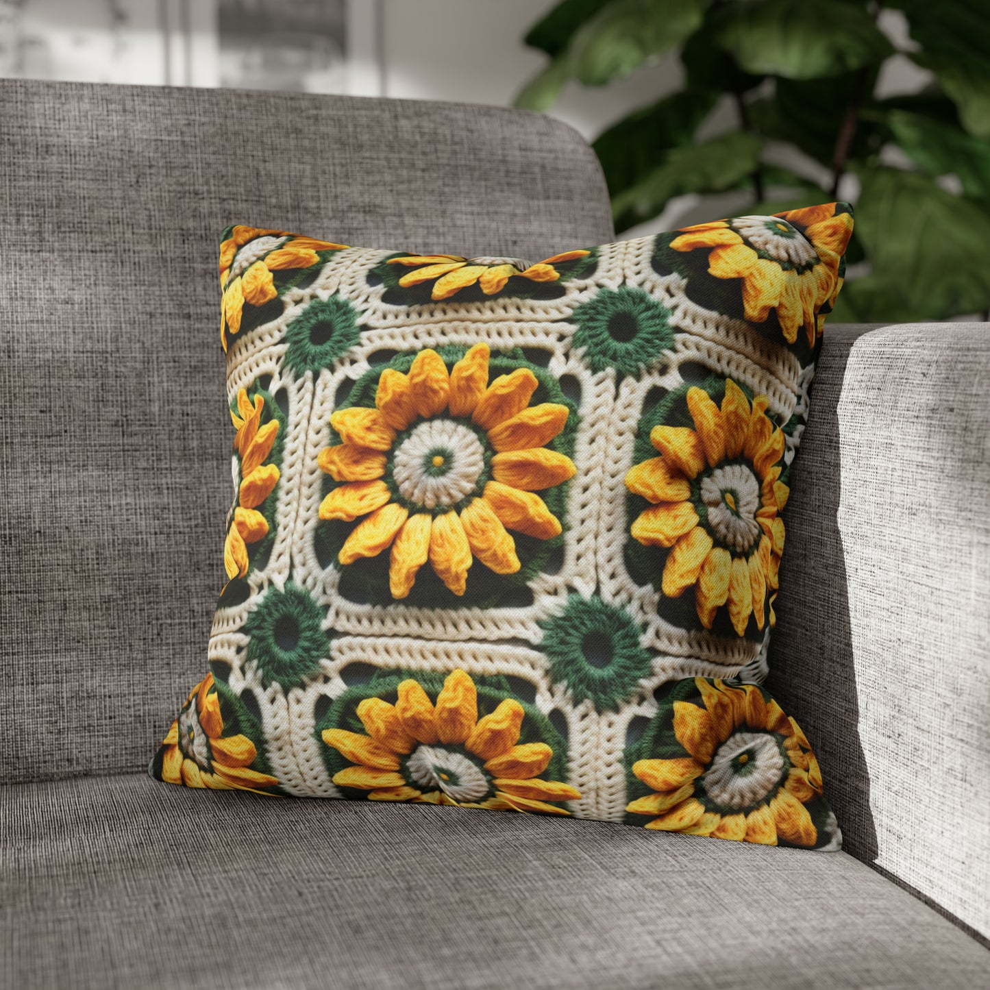 Sunflower Crochet Elegance, Granny Square Design, Radiant Floral Motif. Bring the Warmth of Sunflowers to Your Space - Spun Polyester Square Pillow Case