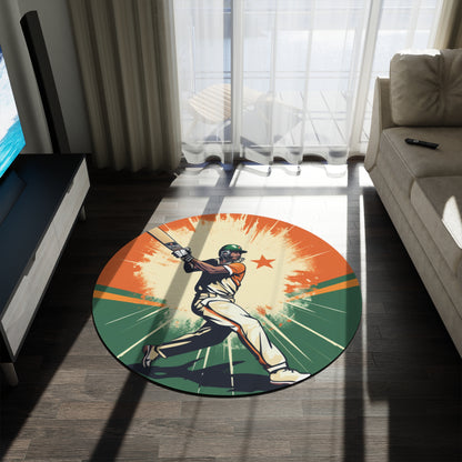 India Cricket Star: Batsman With Willow Bat, National Flag Style - Sport Game - Round Rug