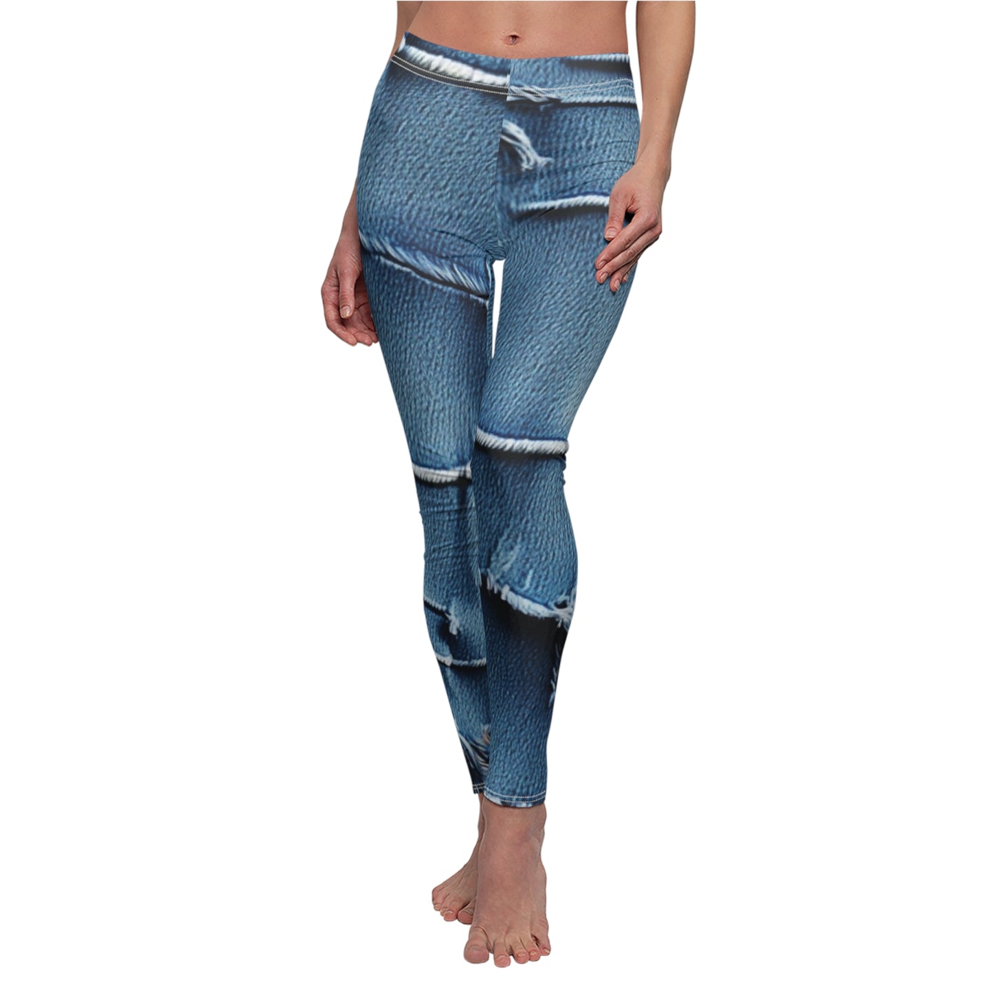 Midnight Blue Distressed Denim: Rugged, Torn & Stylish Design - Women's Cut & Sew Casual Leggings (AOP)