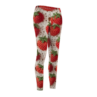 Strawberry Traditional Japanese, Crochet Craft, Fruit Design, Red Berry Pattern - Women's Cut & Sew Casual Leggings (AOP)