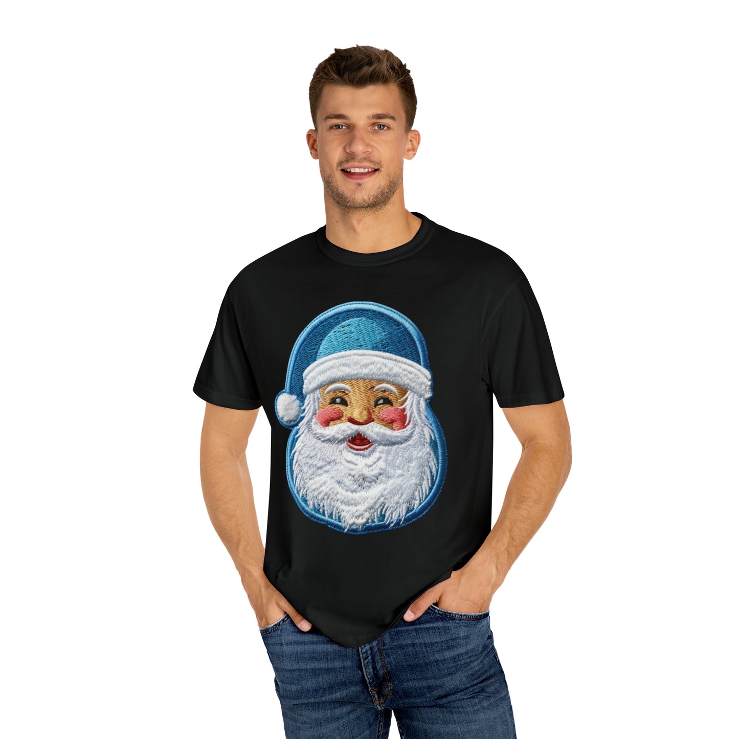 Christmas Santa Chenille - Embroidered Festive - Holiday Patch Design - Unisex Garment-Dyed T-shirt