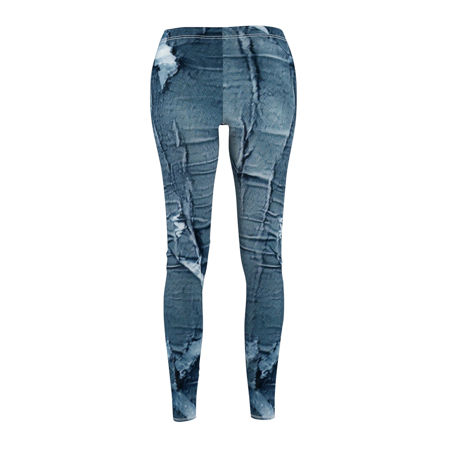 Distressed Blue Denim-Look: Edgy, Torn Fabric Design - Women's Cut & Sew Casual Leggings (AOP)