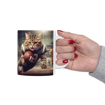 Football Field Felines: Kitty Cats in Sport Tackling Scoring Game Position - Ceramic Mug 11oz