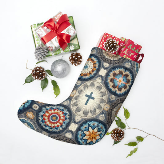 Bohemian Crochet Mandala with Centered Christian Cross - Earthy Tones Mosaic - Christmas Stockings
