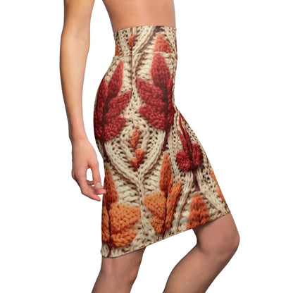 Crochet Fall Leaves: Harvest Rustic Design - Golden Browns -Woodland Maple Magic - Women's Pencil Skirt (AOP)