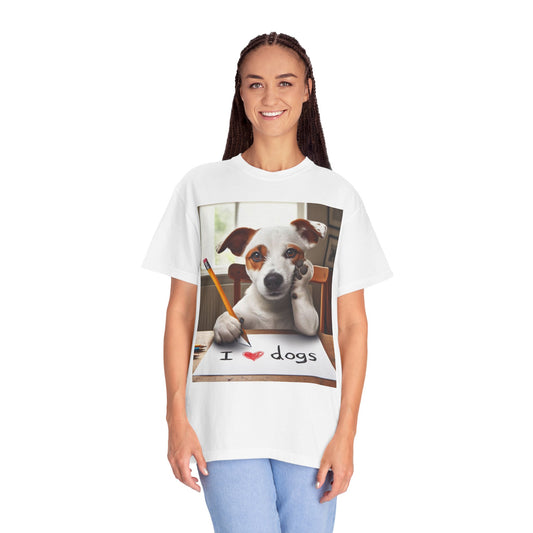 Adorable Dog Writing I Love Dogs, Cute Pet with Pencil Illustration, Animal Lover Artwork, Playful Canine - Unisex Garment-Dyed T-shirt