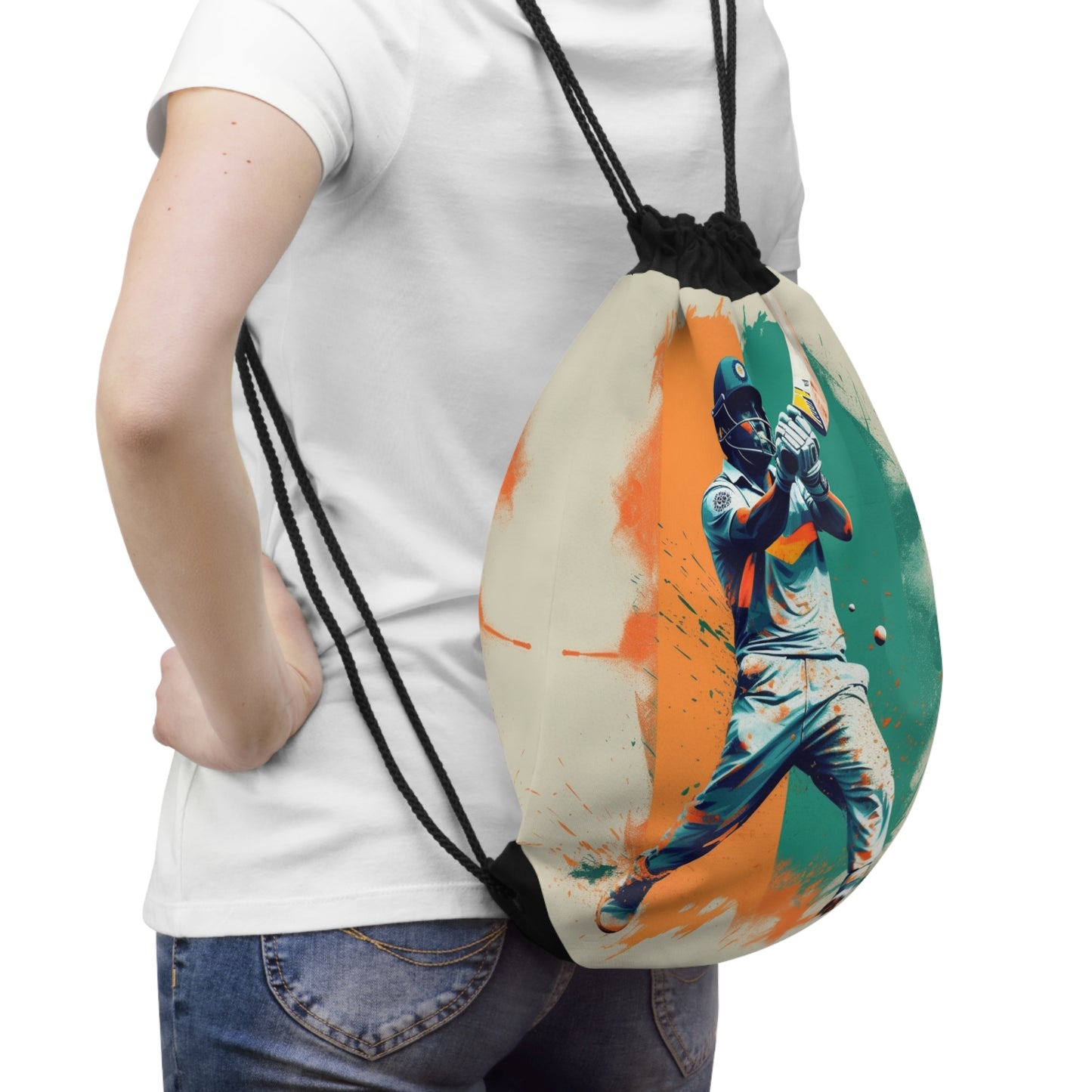 Cricket Batsman, Ball Strike, Indian Flag Color Background - Street Style - Drawstring Bag