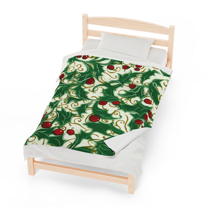 Holiday Elegance: Christmas Holly Swirls Design - Velveteen Plush Blanket