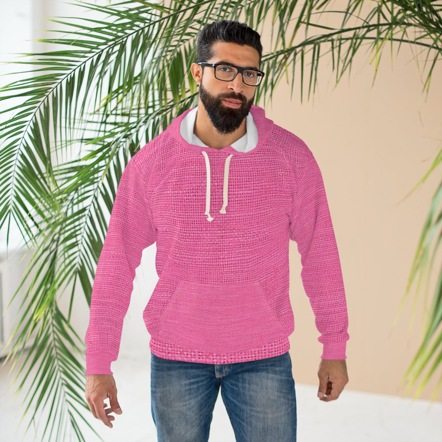 Doll-Like Pink Denim Designer Fabric Style - Unisex Pullover Hoodie (AOP)