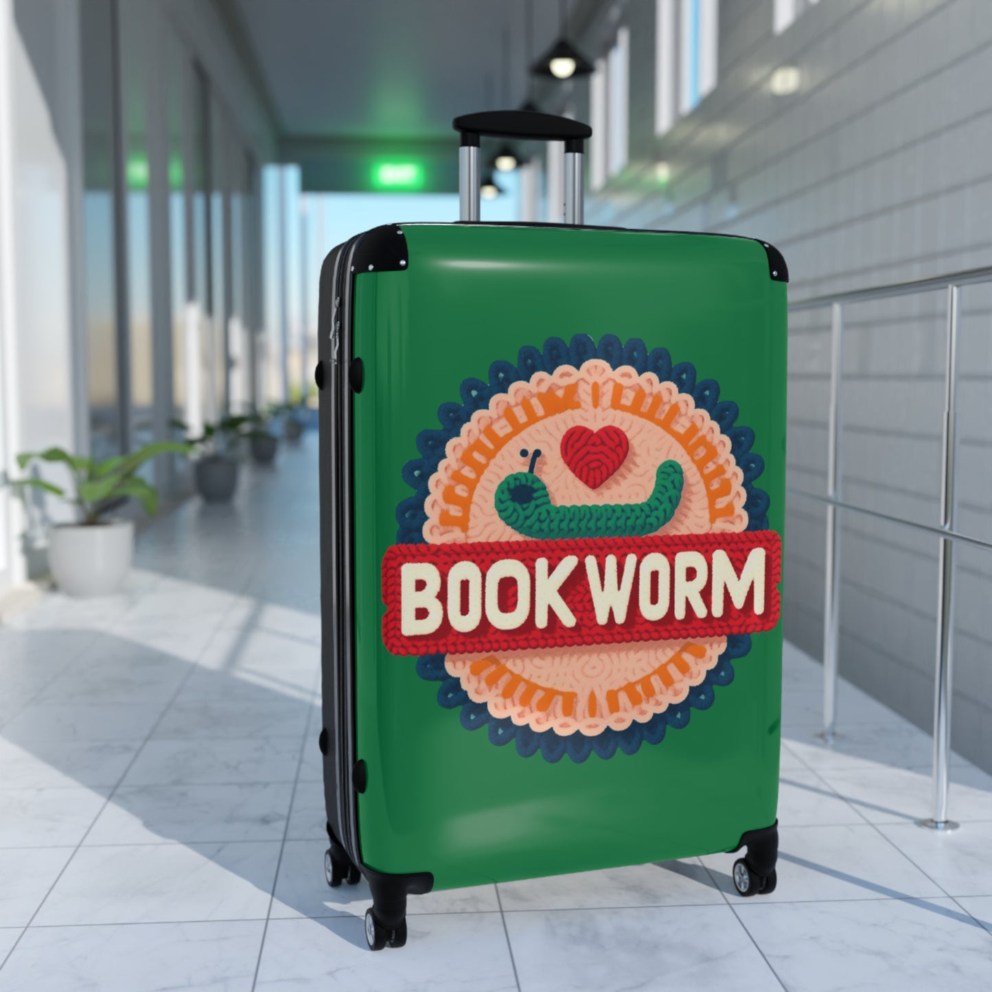 Crochet Bookworm Illustration: Cozy Reader Embroidered Patch Design - Suitcase