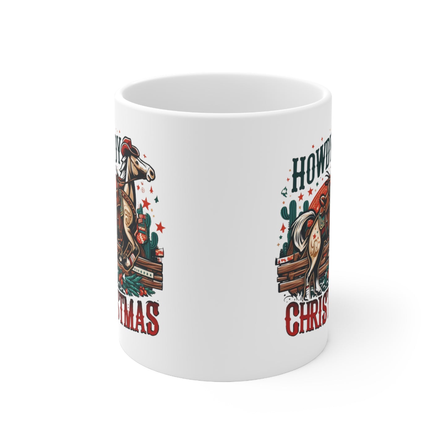 Desert Holiday Charm - Western Howdy Christmas with Festive Cactus and Galloping Horse - Ceramic Mug 11oz