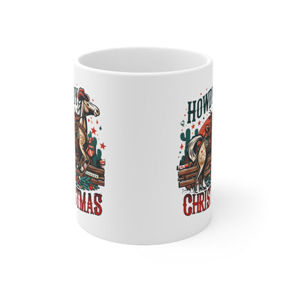 Desert Holiday Charm - Western Howdy Christmas with Festive Cactus and Galloping Horse - Ceramic Mug 11oz