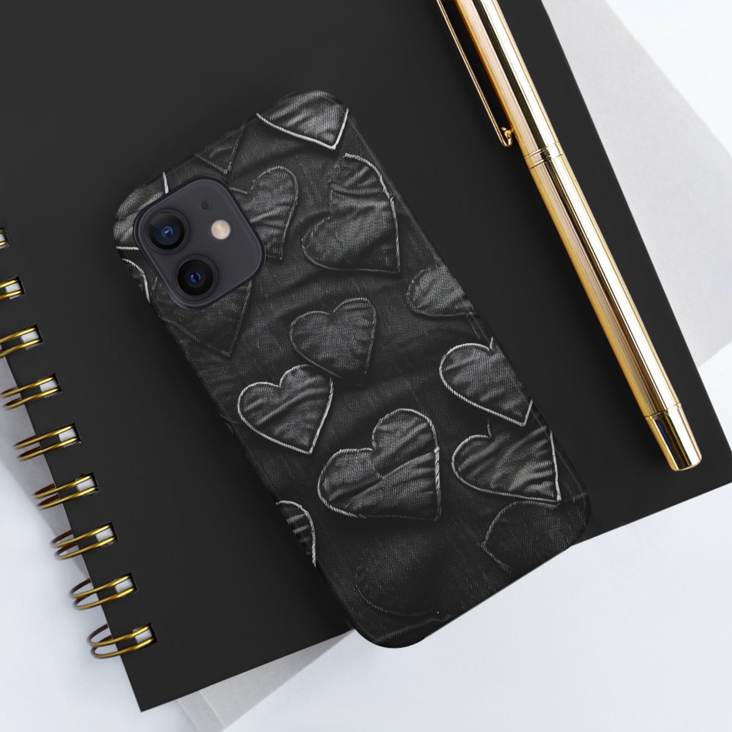 Black: Distressed Denim-Inspired Fabric Heart Embroidery Design - Tough Phone Cases