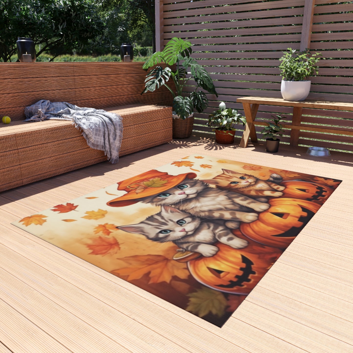 Kitty Cat Kittens Halloween - Cute Furries on Pumpkin - Festive Feline Decor - Outdoor Rug