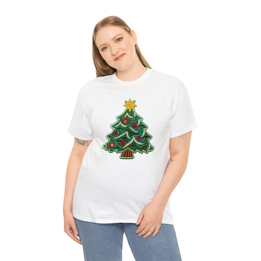 Chenille Christmas Tree: Embroidered Festive Holiday Patch - Unisex Heavy Cotton Tee