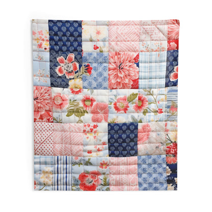 Floral Harmony Quilt, Blossom Patchwork, Blue and Pink Quilted Patterns, Garden Quilt, Soft Pastel Quilting Squares Design - Indoor Wall Tapestries