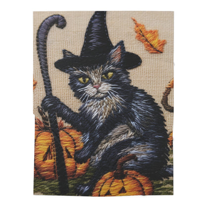 Magia de gato de Halloween: estilo felino bordado con calabazas y sombrero de bruja - Manta envolvente para bebé