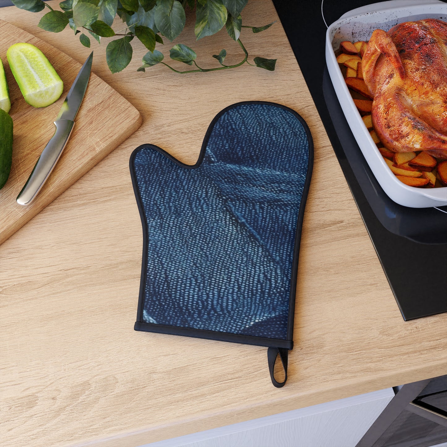 Azul oscuro: diseño de tela desgastada inspirada en la mezclilla - Oven Glove 