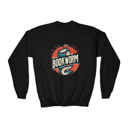 Bookworm Badge Graphic: Retro-Style Book Lover Emblem - Youth Crewneck Sweatshirt