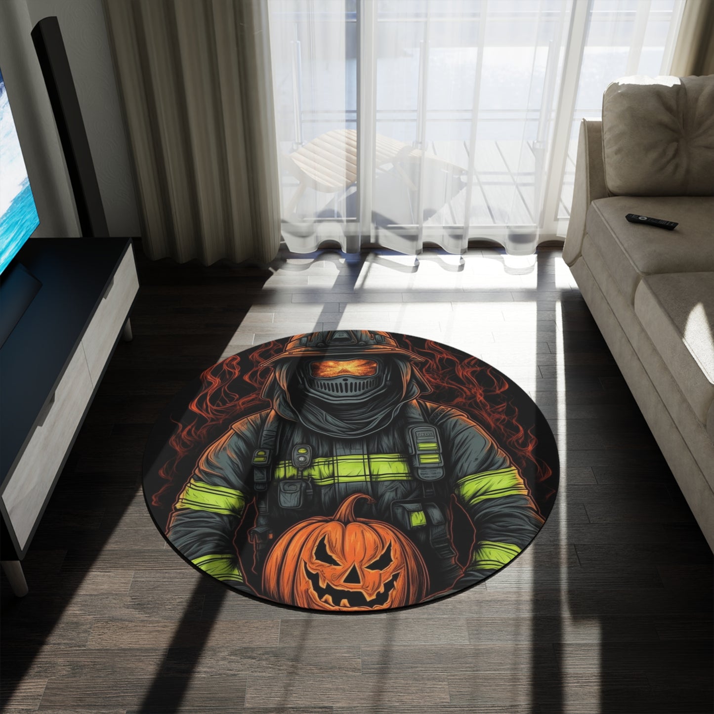 Firefighter Spooky Alert: Facing Haunted Halloween Spirits Scary Fire Pumpkin - Round Rug