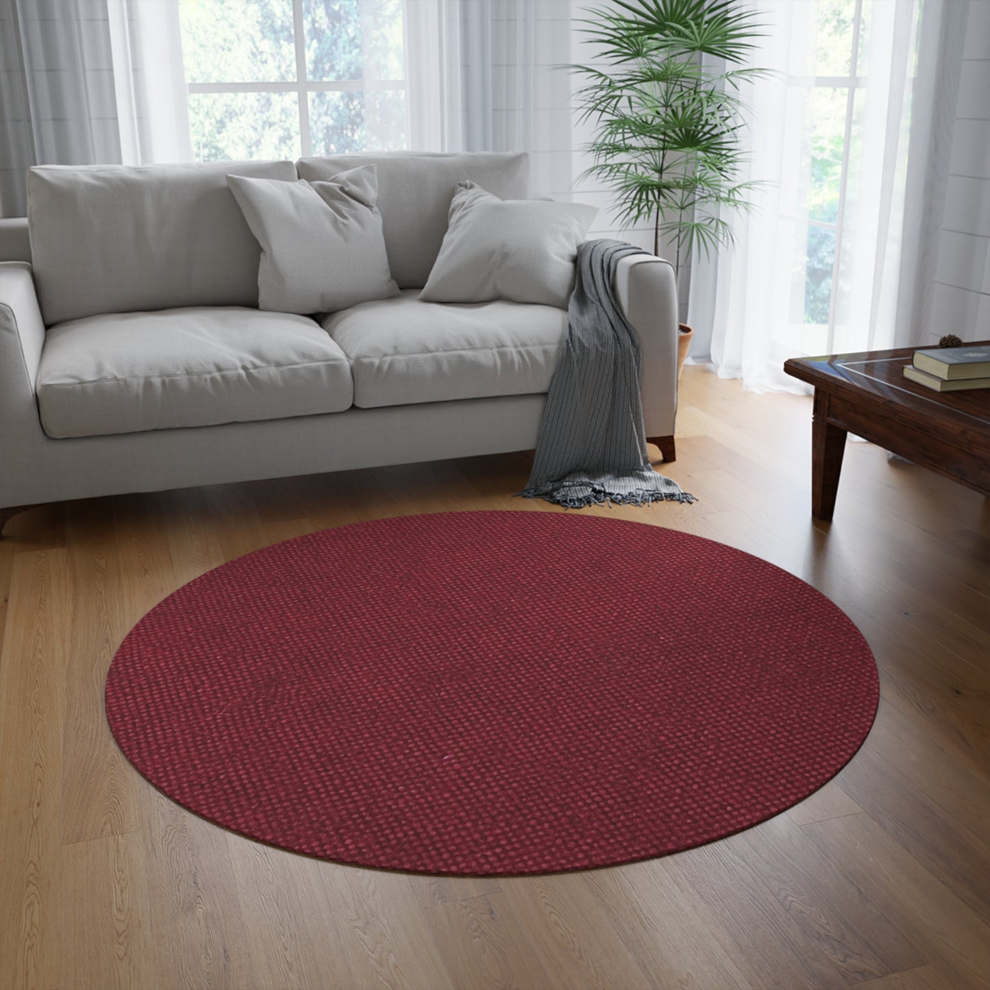 Seamless Texture - Maroon/Burgundy Denim-Inspired Fabric - Round Rug