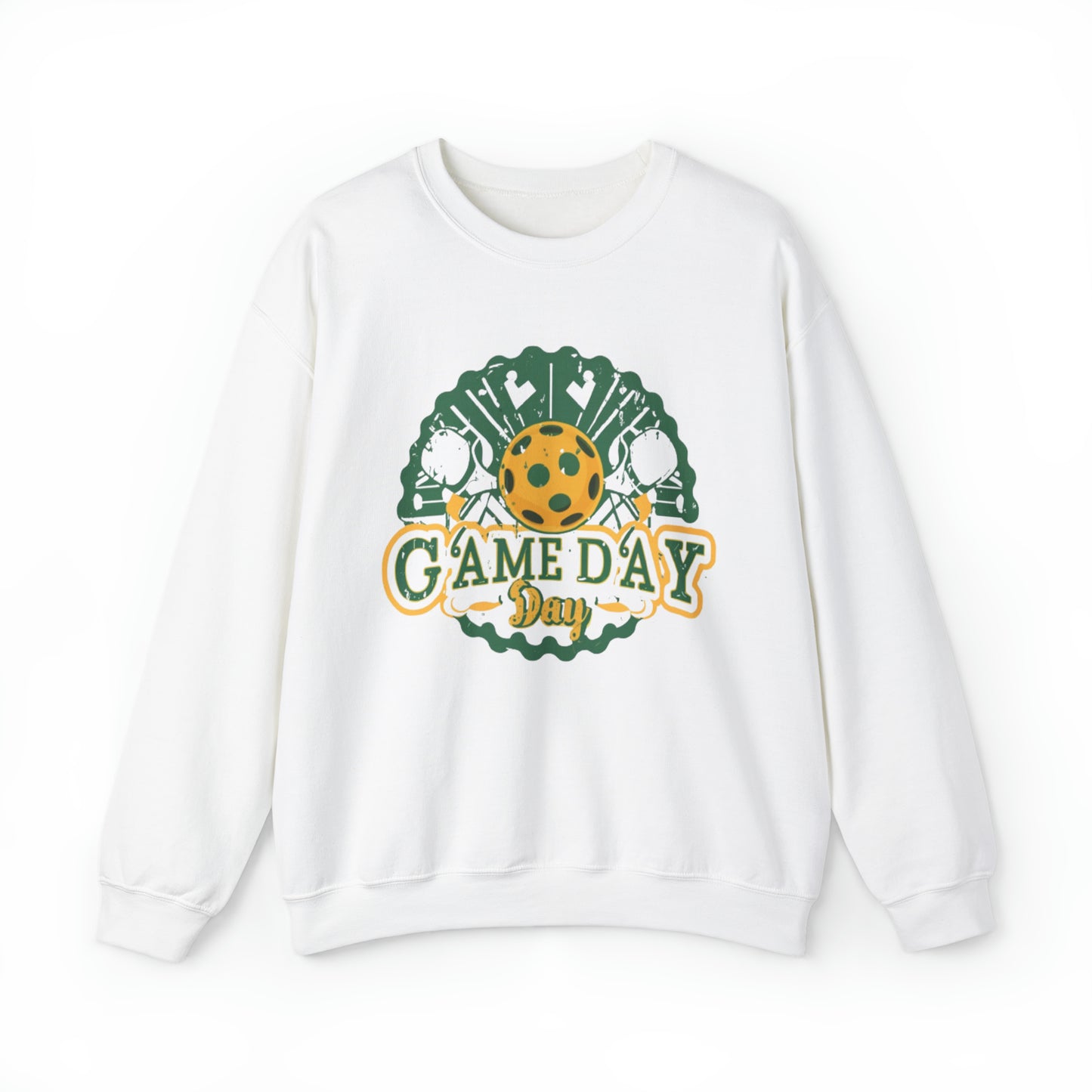 Game Day Badge with Pickleball Paddle and Ball, Grunge Texture - Unisex Heavy Blend™ Crewneck Sweatshirt