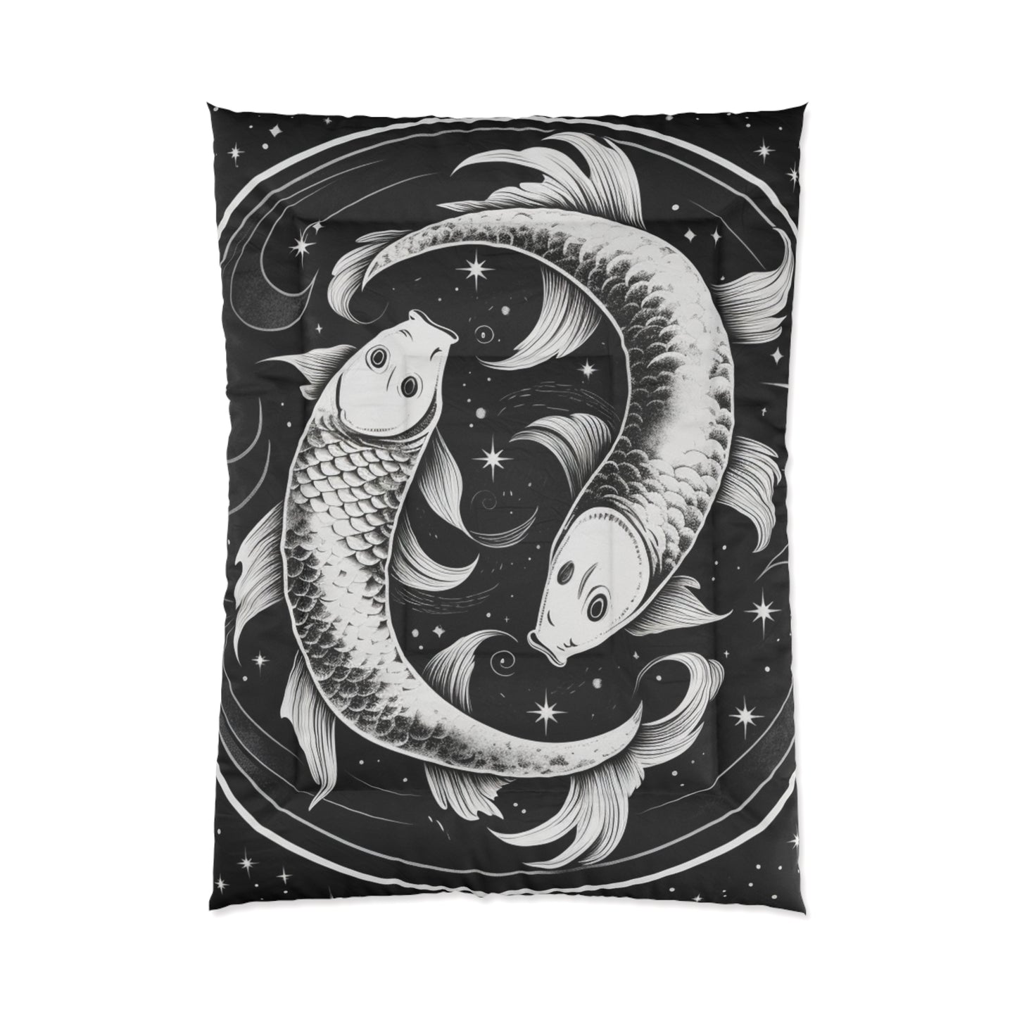 Manta acogedora de edredón Piscis, 100% poliéster, diseño de peces en blanco y negro, estampado a una cara 