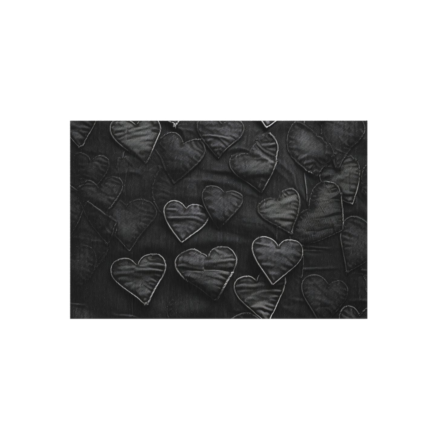 Black: Distressed Denim-Inspired Fabric Heart Embroidery Design - Outdoor Rug