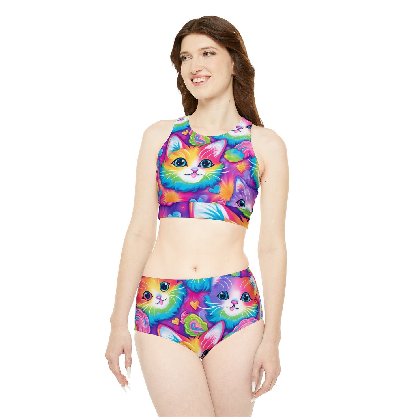 Happy Kitten & Cat Design - Vivid, Colorful & Eye-Catching - Sporty Bikini Set (AOP)