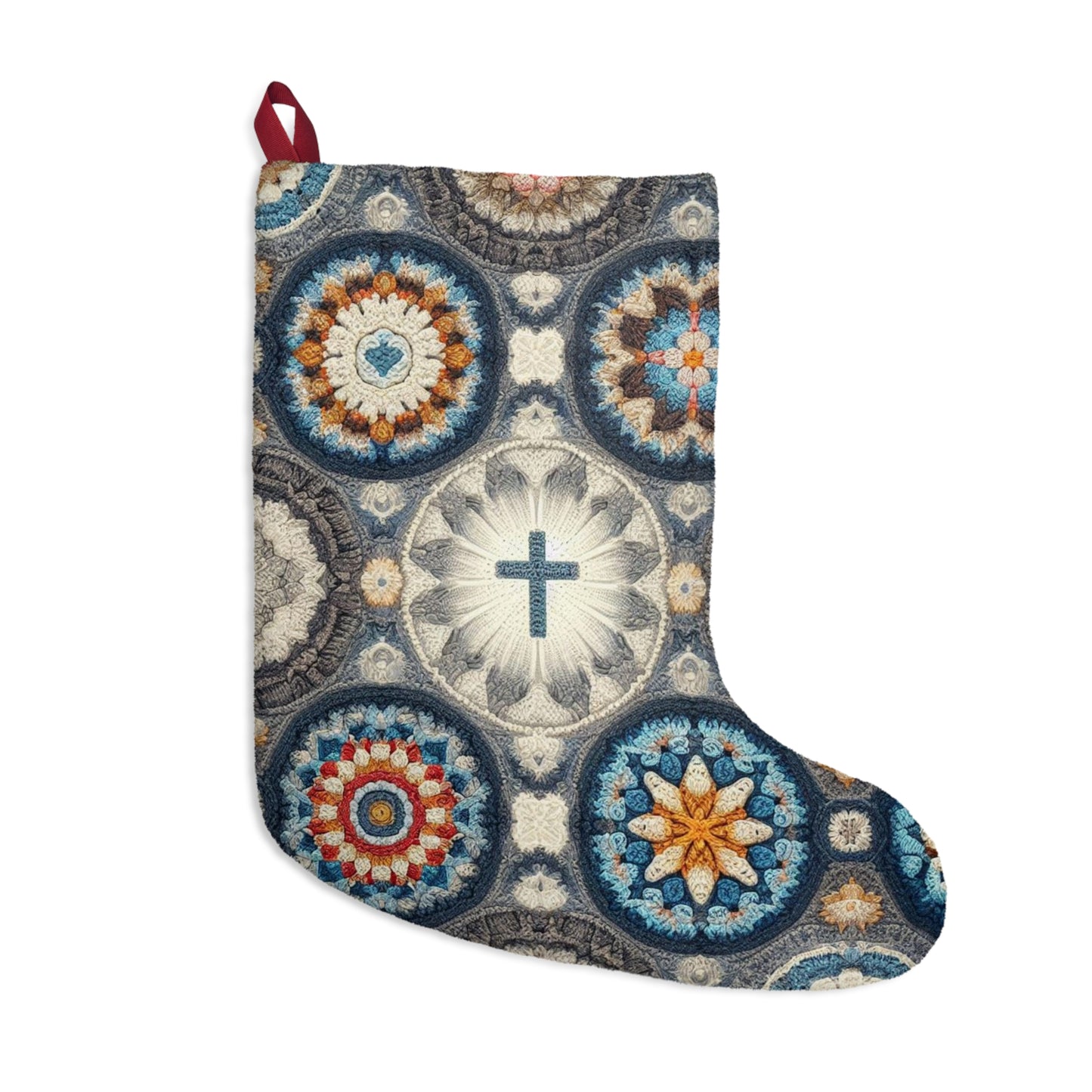 Bohemian Crochet Mandala with Centered Christian Cross - Earthy Tones Mosaic - Christmas Stockings