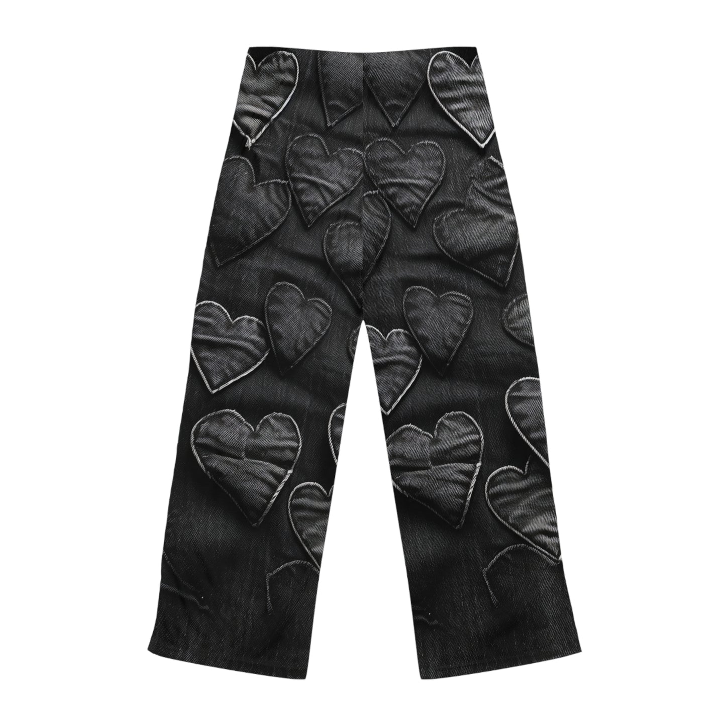 Black: Distressed Denim-Inspired Fabric Heart Embroidery Design - Women's Pajama Pants (AOP)