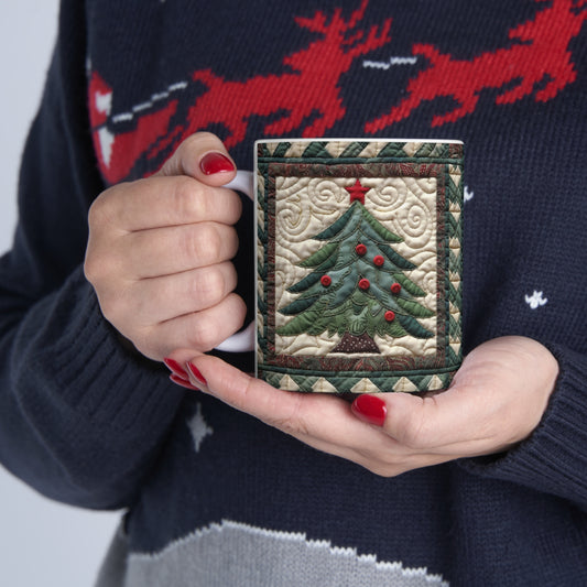 Christmas Tree Quilt Art - Cottagecore Festive Charm - Nostalgic Grandmillennial Style - Vintage Inspired Holiday Decor - Ceramic Mug 11oz