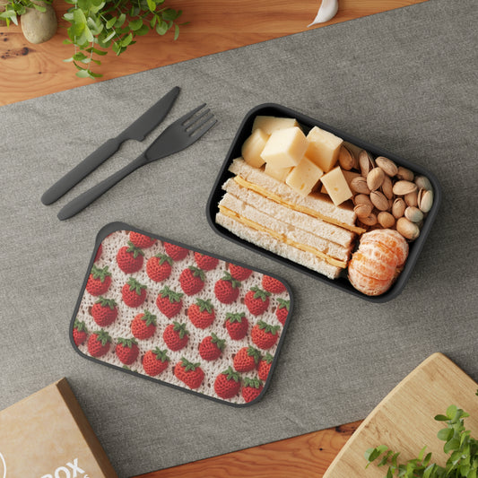 Strawberry Traditional Japanese, Crochet Craft, Fruit Design, Red Berry Pattern - PLA Bento Box with Band and Utensils