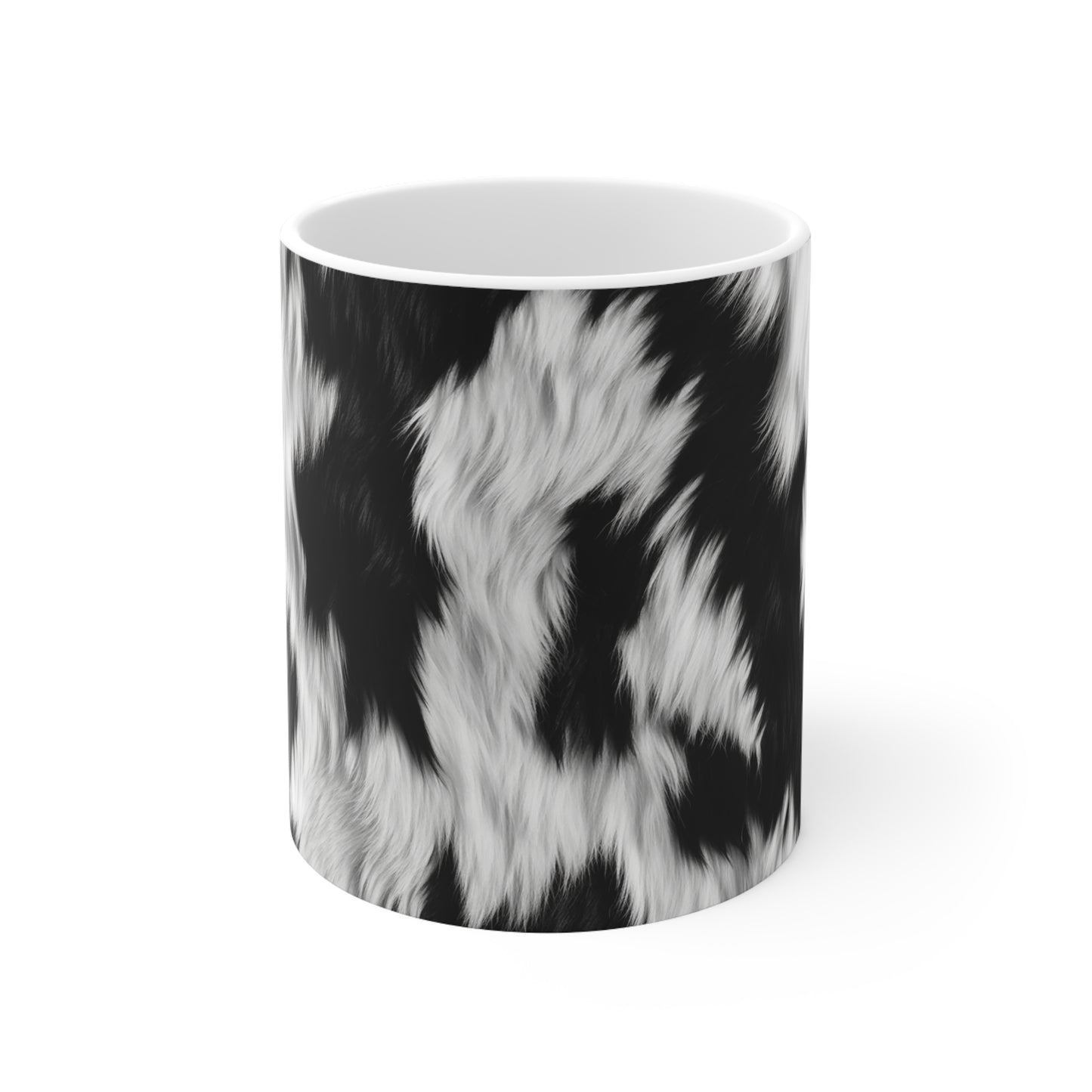 Piel de vaca sobre cuero de pelo - Blanco y negro - Estilo de diseñador - Taza de cerámica 11oz 