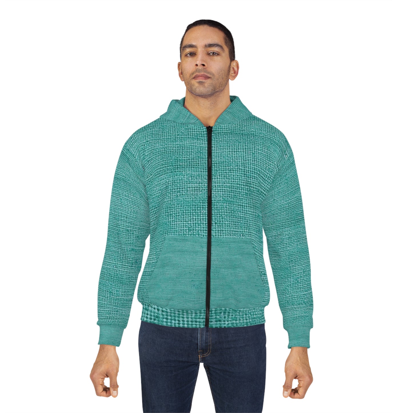 Diseño de tela vaquera color turquesa menta de calidad, material elegante - Sudadera con capucha unisex con cremallera (AOP) 