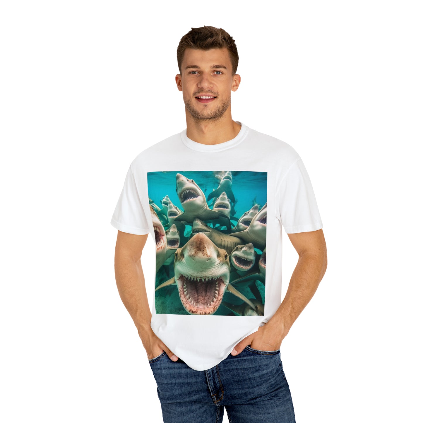 Laughing Lemon Sharks: Joyful Sea Jaws Ocean Deep - Unisex Garment-Dyed T-shirt