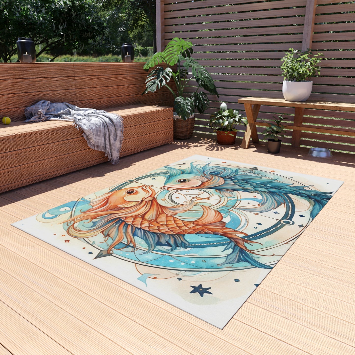 Pisces Zodiac Horoscope - Starry Watercolor & Ink, Hyper-Detailed Fish Outdoor Rug