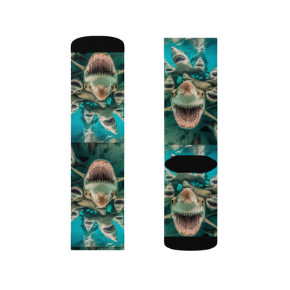 Laughing Lemon Sharks: Joyful Sea Jaws Ocean Deep - Sublimation Socks