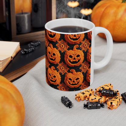 Patrón festivo festivo de terror aterrador de calabaza de ganchillo de Halloween - Taza de cerámica de 11 oz