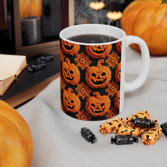 Patrón festivo festivo de terror aterrador de calabaza de ganchillo de Halloween - Taza de cerámica de 11 oz