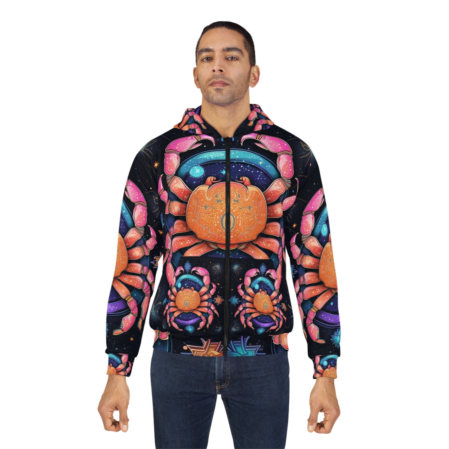 Rainbow Celestial Crab - Vibrant Cancer Zodiac Sign Art - Unisex Zip Hoodie (AOP)