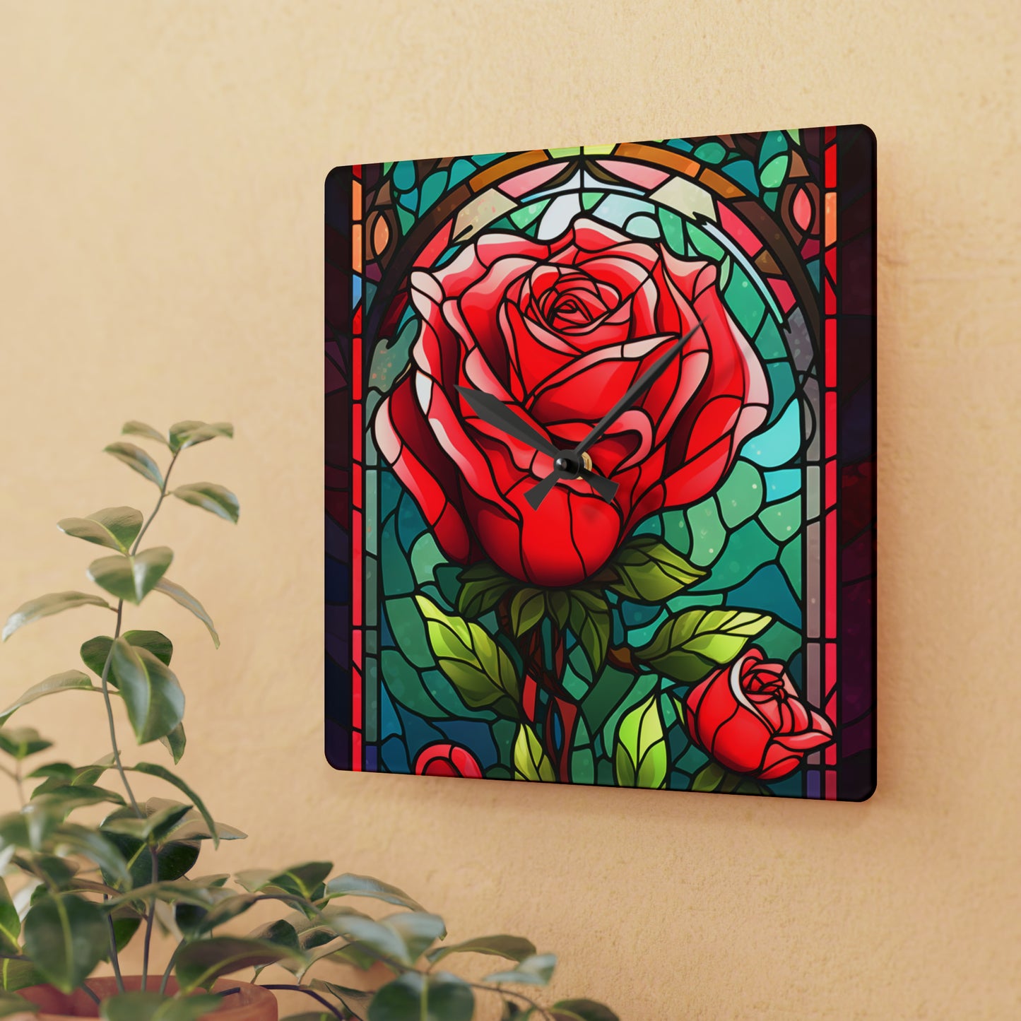 Stained Glass Flower Rose Design - Acrylic Wall Clock