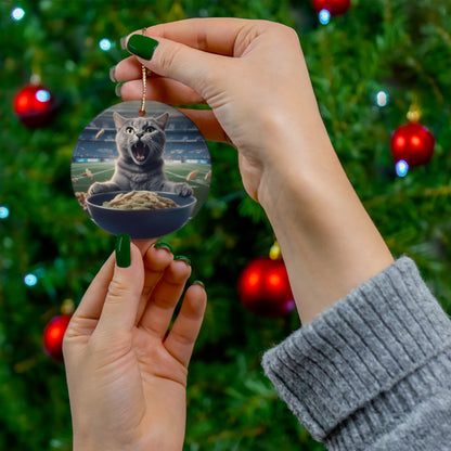 Halftime Football Feline: Screaming Sports Fan Cat Stadium Food Kitten - Ceramic Ornament, 4 Shapes