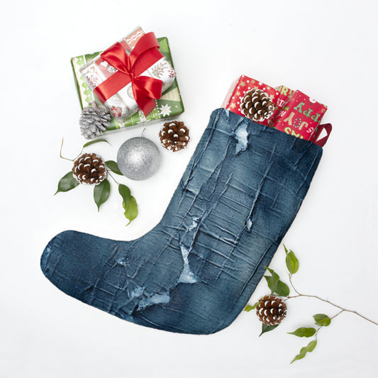 Distressed Blue Denim-Look: Edgy, Torn Fabric Design - Christmas Stockings