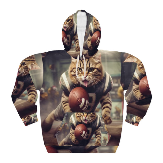 Football Field Felines: Kitty Cats in Sport Tackling Scoring Game Position - Unisex Pullover Hoodie (AOP)