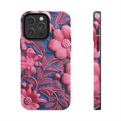 Denim Blue Doll Pink Floral Embroidery Style Fabric Flowers - Tough Phone Cases