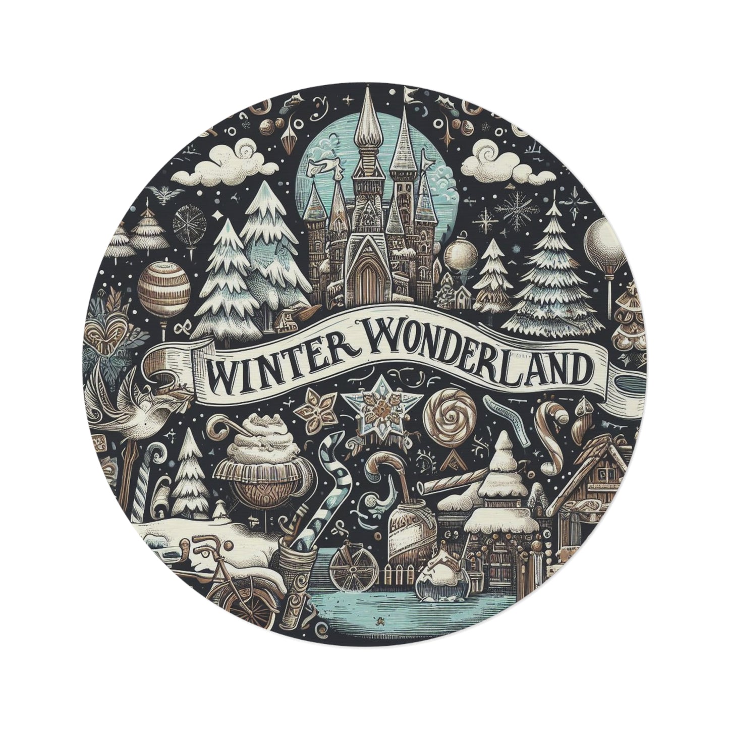 Winter Wonderland Enchantment: Nostalgic Christmas Snowscape with Majestic Castle and Festive - Round Rug