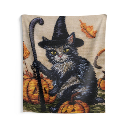 Halloween Cat Magic: Embroidered Style Feline with Pumpkins & Witch Hat - Indoor Wall Tapestries