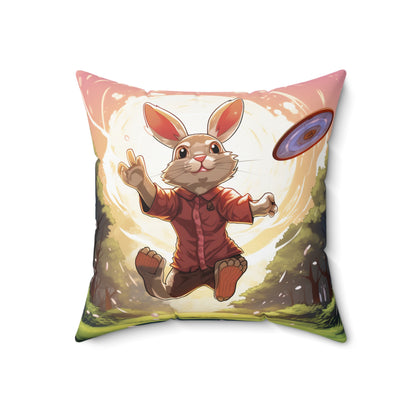 Disc Golf Rabbit: Bunny Aiming Frisbee for Basket Chain - Spun Polyester Square Pillow